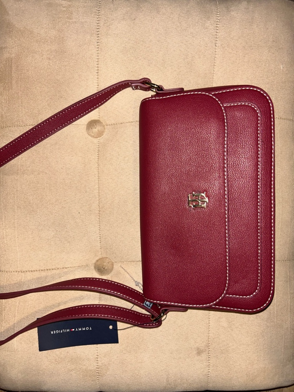 Tommy Hilfiger Burgundy Leather Crossbody with Gold Logo